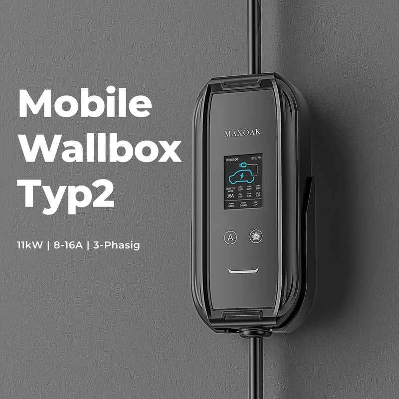 Cargador MAXOAK Mobile Wallbox 11kW, cable de carga tipo 2 con adaptadores para vehículos eléctricos